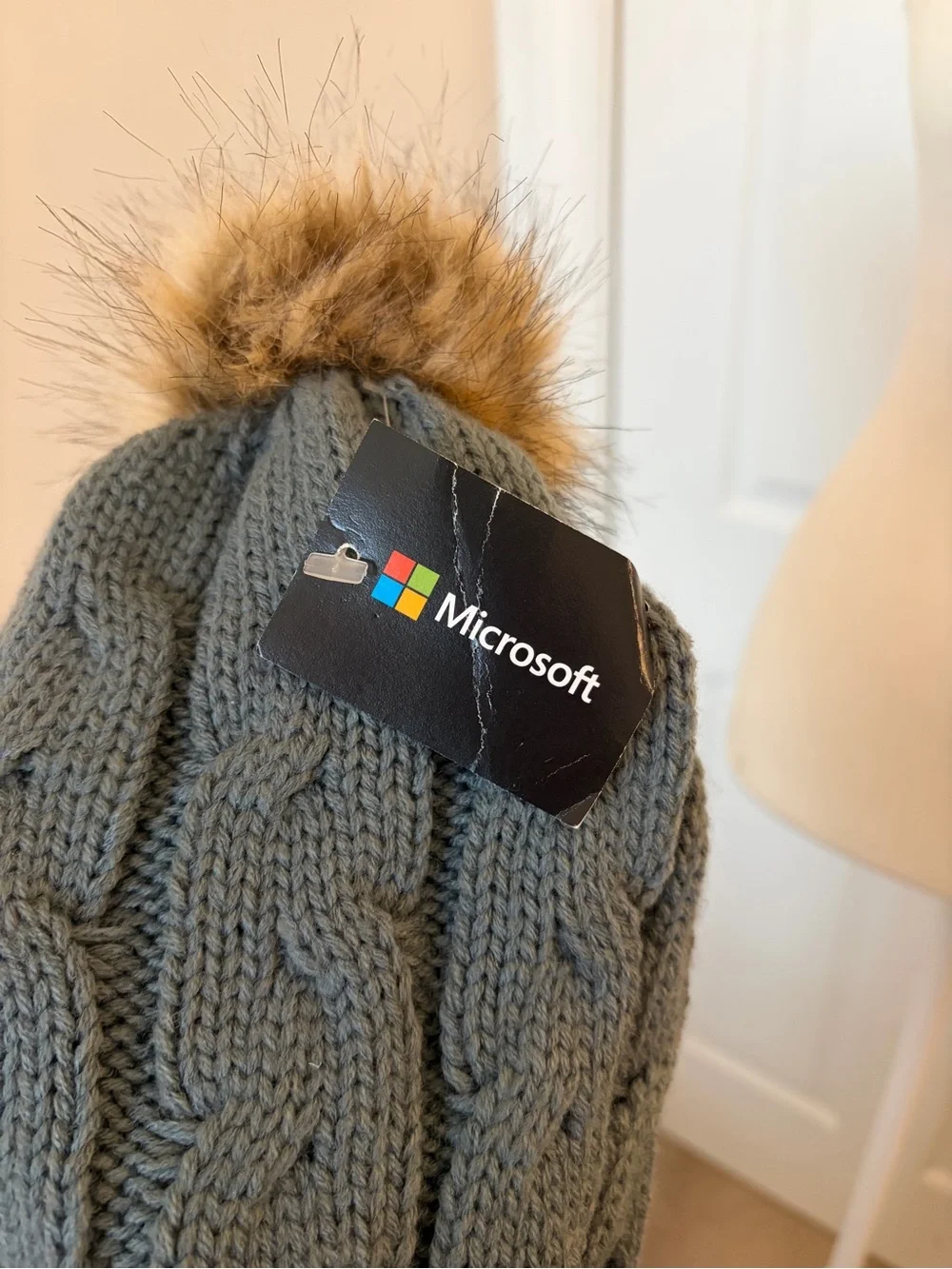 Microsoft Gray Cable Knit Beanie with Faux Fur Pom and Embroidered Logo